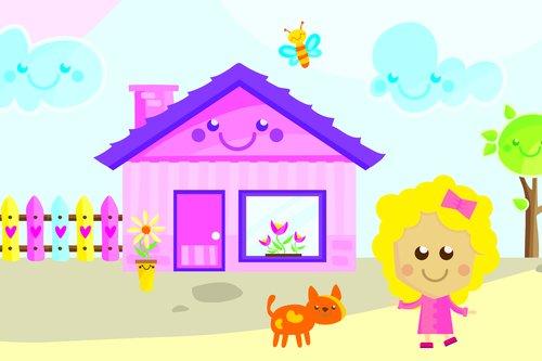 piirretty talo ja tyttö sekä kissa