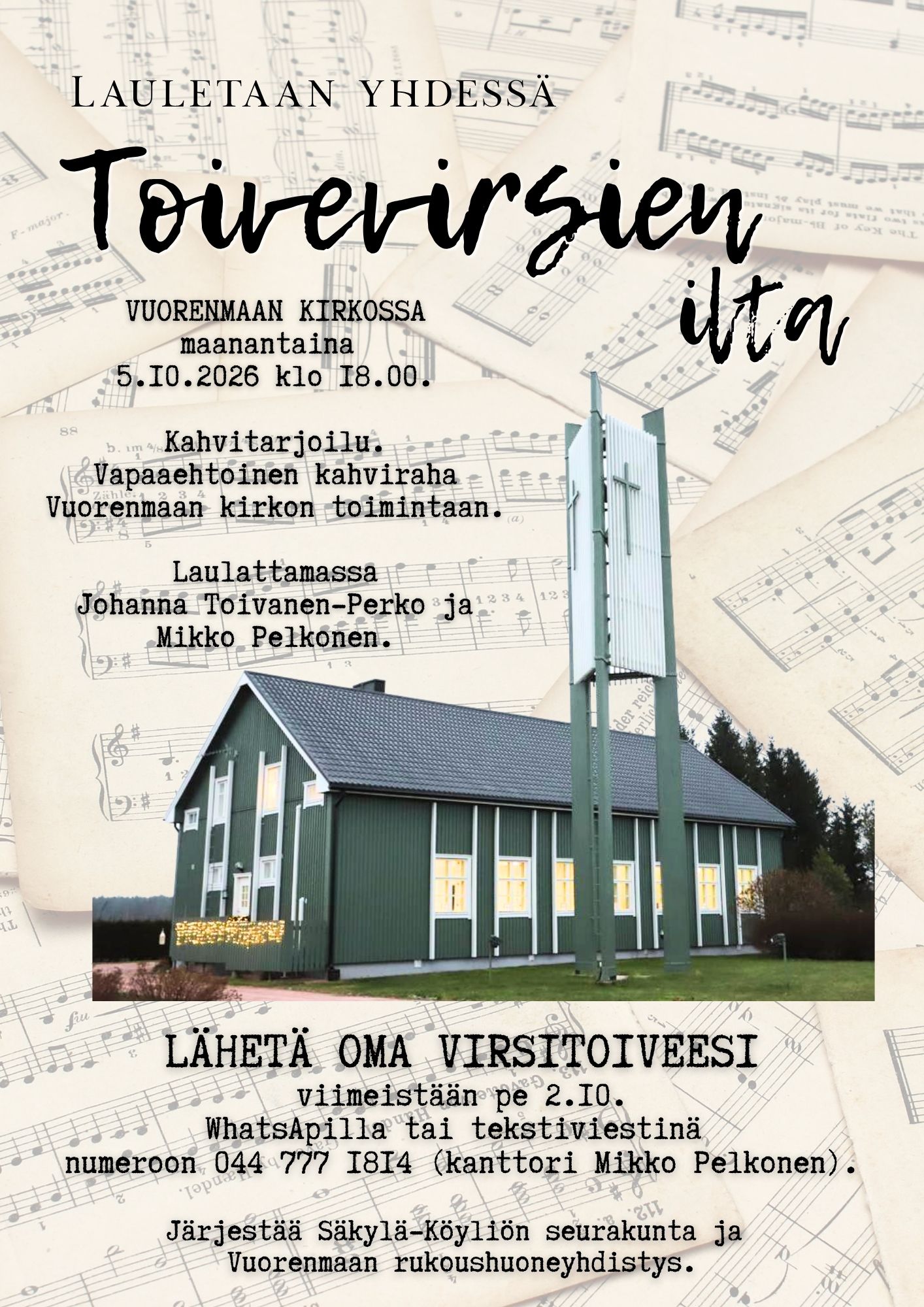 Kuvassa Vuorenmaan kirkko, ympärillä tekstiä virsi-illasta.