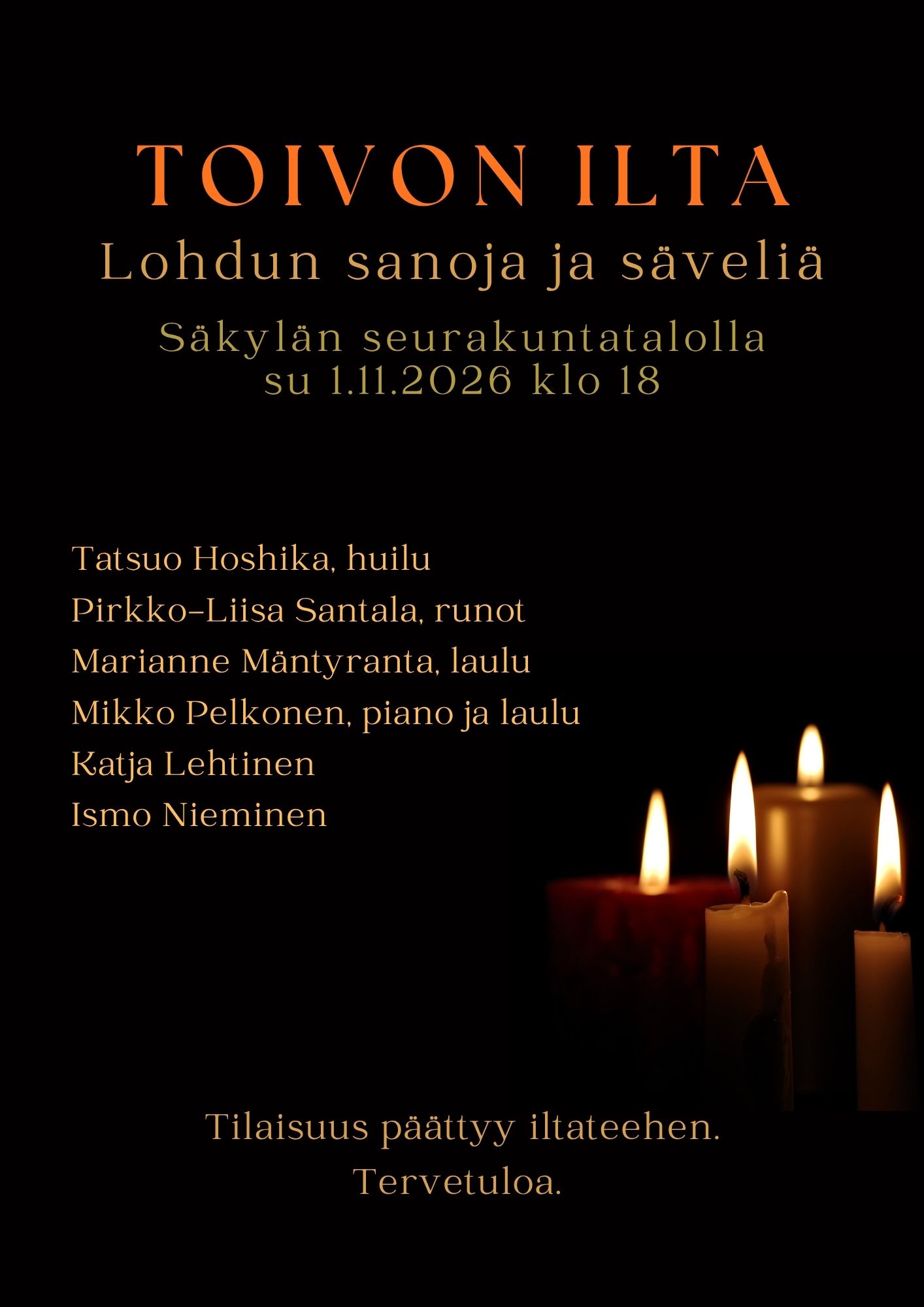 Tummalla pohjalla neljä palavaa kynttilää, mainostekstiä