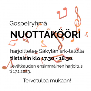 Mainos, jossa vaalealla pohjalla nuotteja ja teksti Nuottakööri