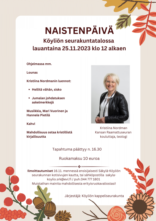 Naistenpäivä Köyliön srk-talolla 25.11.2023